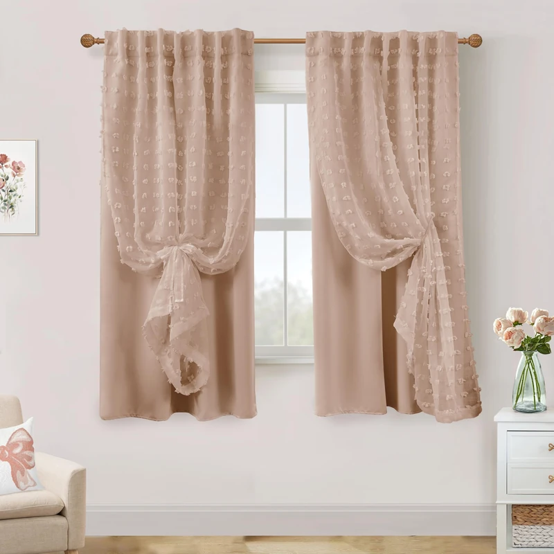 Back Tab Pom Pom Dusty Pink Curtains for Girls Room Bedroom Nursery Blackout Curtains Double Layer 50x63 Inches Long