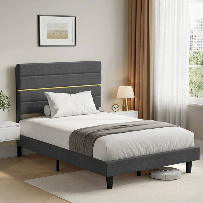 VASAGLE Double Bed, Bed Frame, Fits Mattress 140 x 190 cm, Adjustable Upholstered Headboard, Metal, Solid Wood, Modern, Slate Grey RMB503G01