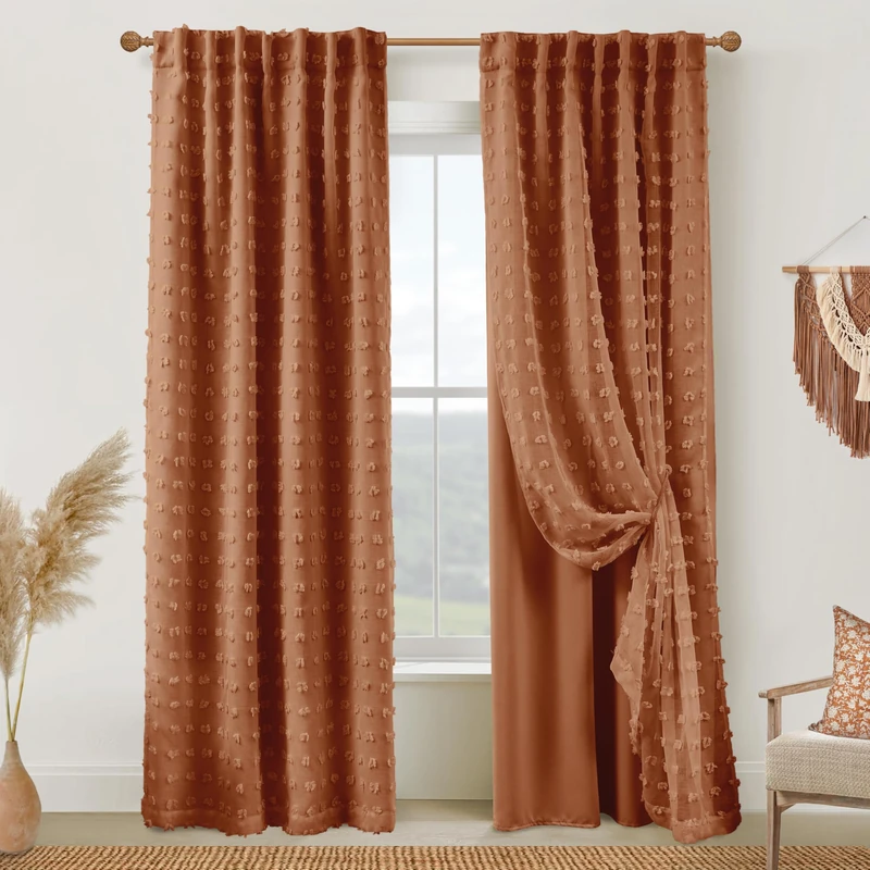 Back Tab Pom Pom Curtains for Girls Room Bedroom Nursery Living Room Blackout Curtains Double Layer 84 Inches Long,Terracotta