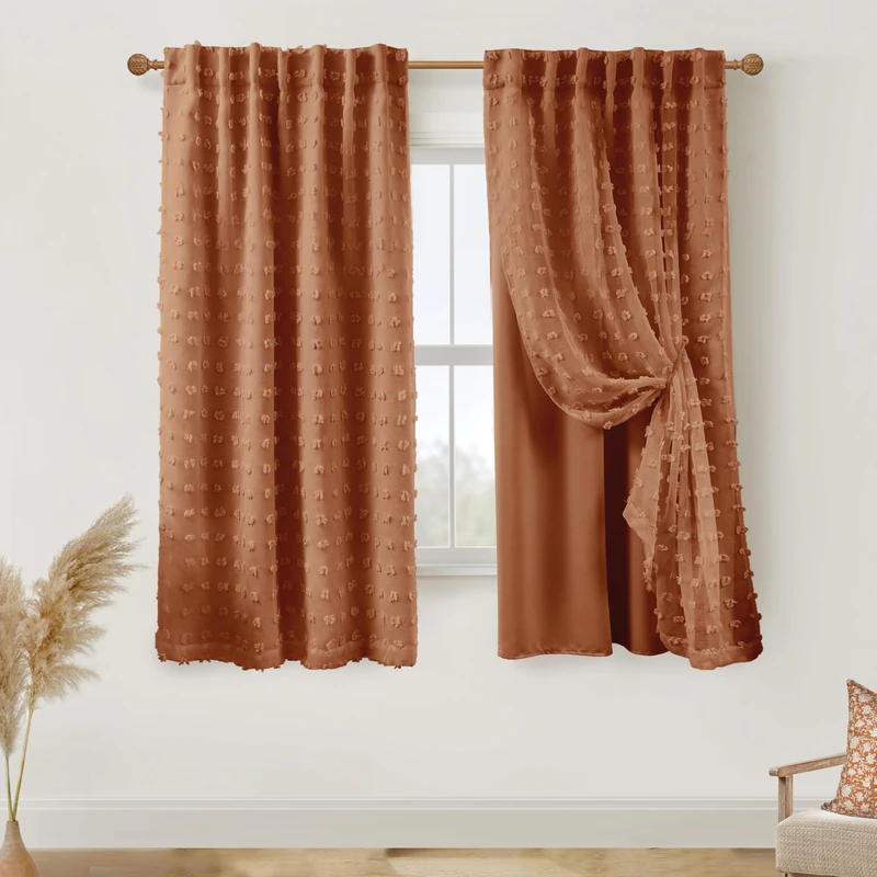 Lino Rosa Back Tab Pom Pom Terracotta Curtains for Girls Room Bedroom Nursery Blackout Curtains Double Layer 50x63 Inches Long