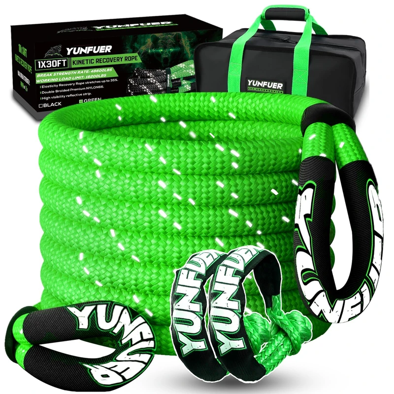 YUNFUER 1" x 30' Kinetic Recovery Tow Rope (48,600lbs) with 2 UHMWPE Soft Shackles (48,600lbs) Heavy Duty Offroad Recovery Rope Kit for Trucks SUV UTV ATV Tractor Car Jeep (Green)