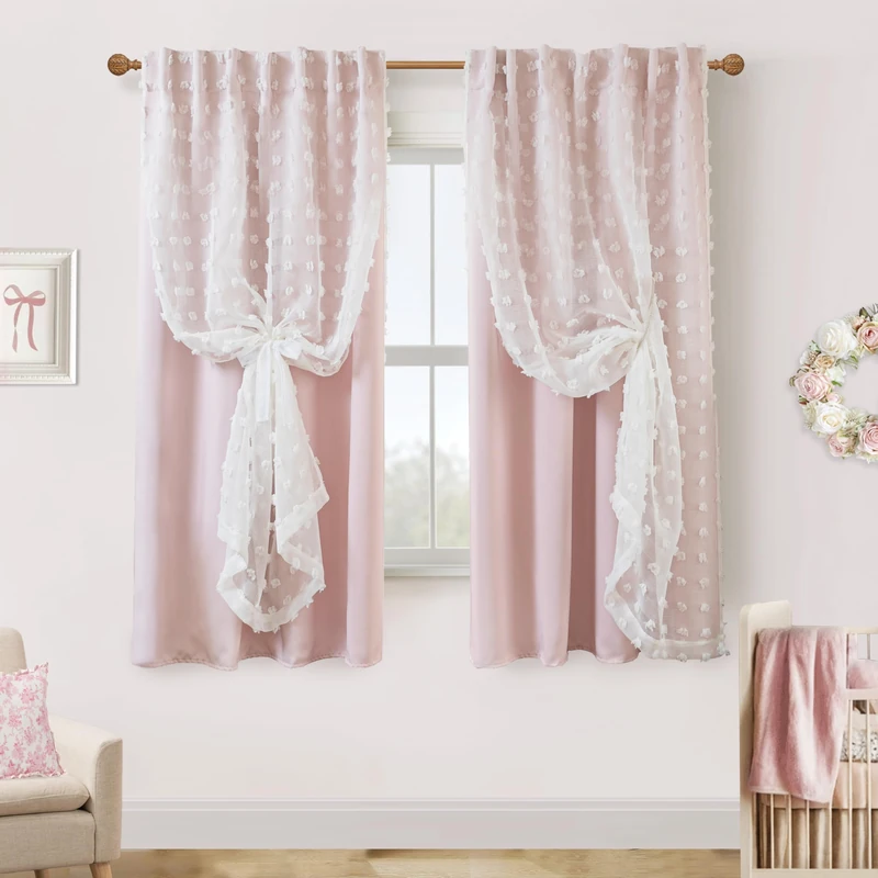 Back Tab Pom Pom Curtains for Girls Room Bedroom Nursery Living Room Blackout Curtains Double Layer,72 Inch Length,Pink and White