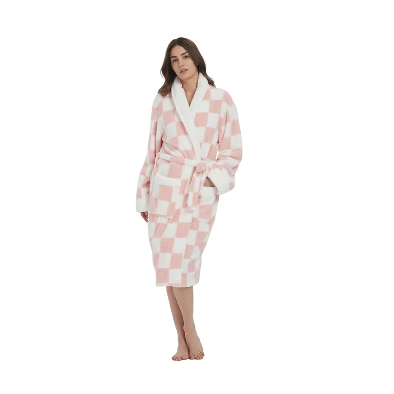 DREAMLANDING Checkered Womens Dressing Gown Soft Microfiber Bathrobe Pajamas Fuzzy Cozy Thick Nightdress Ladies Nightgrown Robe (M,Pink Checkered)