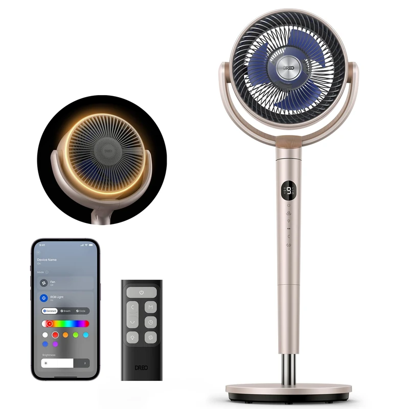 DREO Smart Fans for Bedroom, 120° +120° Omni-Directional Oscillating Fan, 100ft Quiet Pedestal Fan with RGB Light, 9 Speeds, 6 Modes, 20dB, 8H Timer, Wi-Fi/Voice, 35-40" Floor Fans, Starlight
