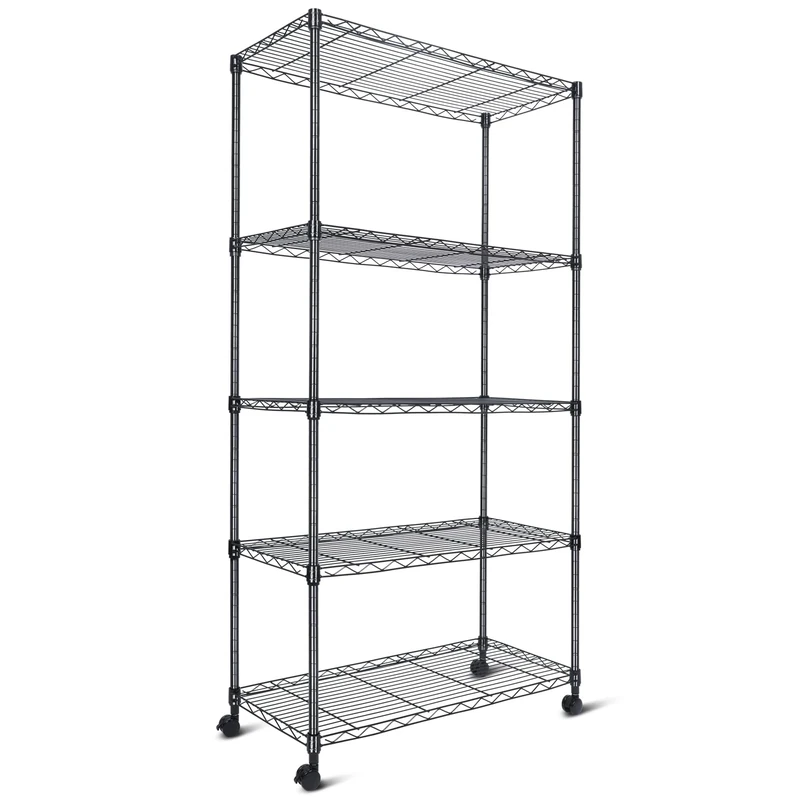 Whitmor 5 Tier Shelving Unit, Adjustable Storage Shelves with Wheels, 400 lbs Capacity per Shelf, Max 2000 lbs Total for Pantry, Kitchen, Garage, 30" L x 14" W x 60" H, Black