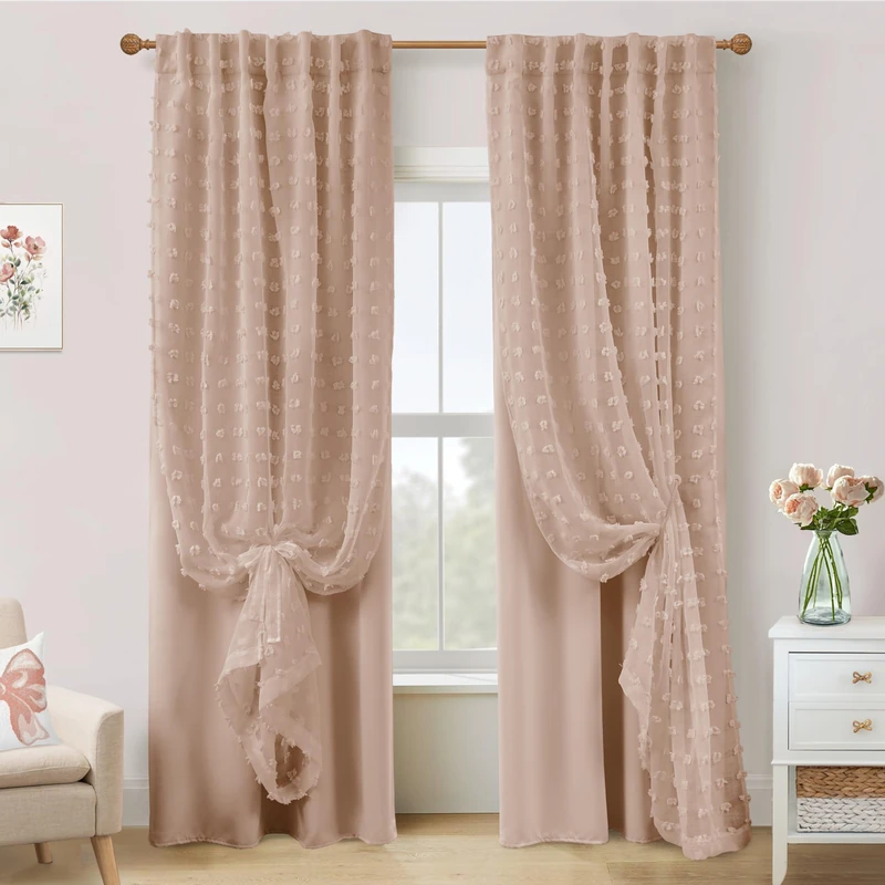 Back Tab Pom Pom Curtains for Girls Room Bedroom Nursery Living Room Blackout Curtains Double Layer 84 Inches Long,Dusty Pink