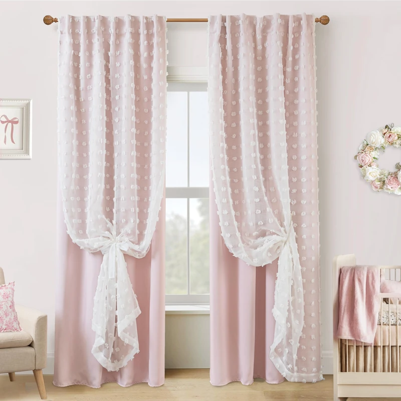 Kids Blackout Curtains 96 Inches Long for Princess Girls Bedroom,Baby Pink Ruffle Pom Pom Dreamy Frilly Fluffy Black Out Curtains for Nursery 2 Panel Set