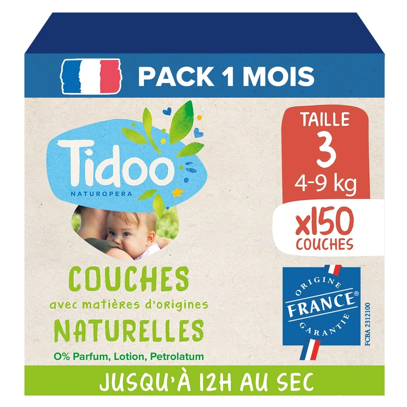 Tidoo - Nappies Size 3 4-9 kg - Environmentally Friendly and Sustainable Baby Diapers - Disposable Care with Natural Composition - Environmentally Friendly and Sensitive Skin - Pack of 3 x 50 Items