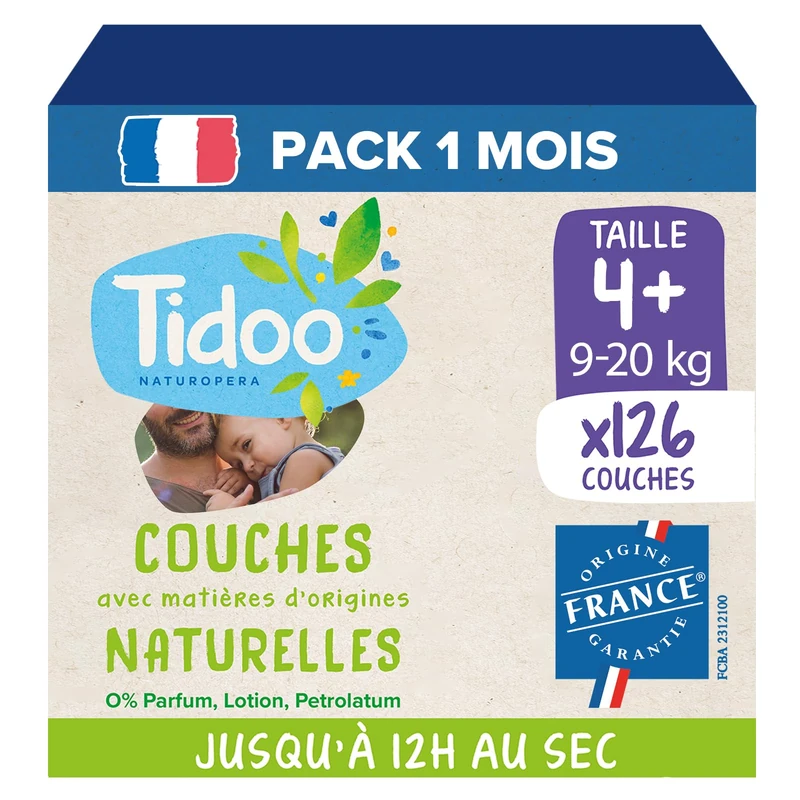 TIDOO - Ecological Nappies Size 4+ (9-20 kg) - Natural Origin, Free from Harmful substances - 12h Dry, Ultra Absorbent - Made in France - 102 Disposable Nappies - Pack 1 Month