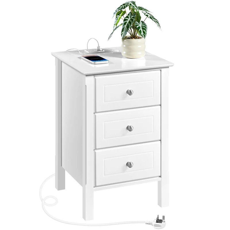 Yaheetech Bedside Table with Power Strip, Wooden Side End Table with 3 Drawers, Sturdy Modern Cabinet for Living Room, Bedroom, Study, 40x40x60cm, White