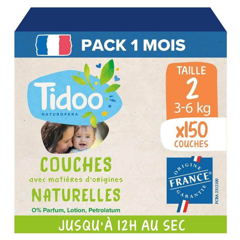 TIDOO - Ecological Nappies Size 2 (3-6 kg) - Natural Origin, Free from Harmful substances - 12 Hours Dry, Ultra Absorbent - Made in France - 150 Disposable Nappies - Pack 1 Month