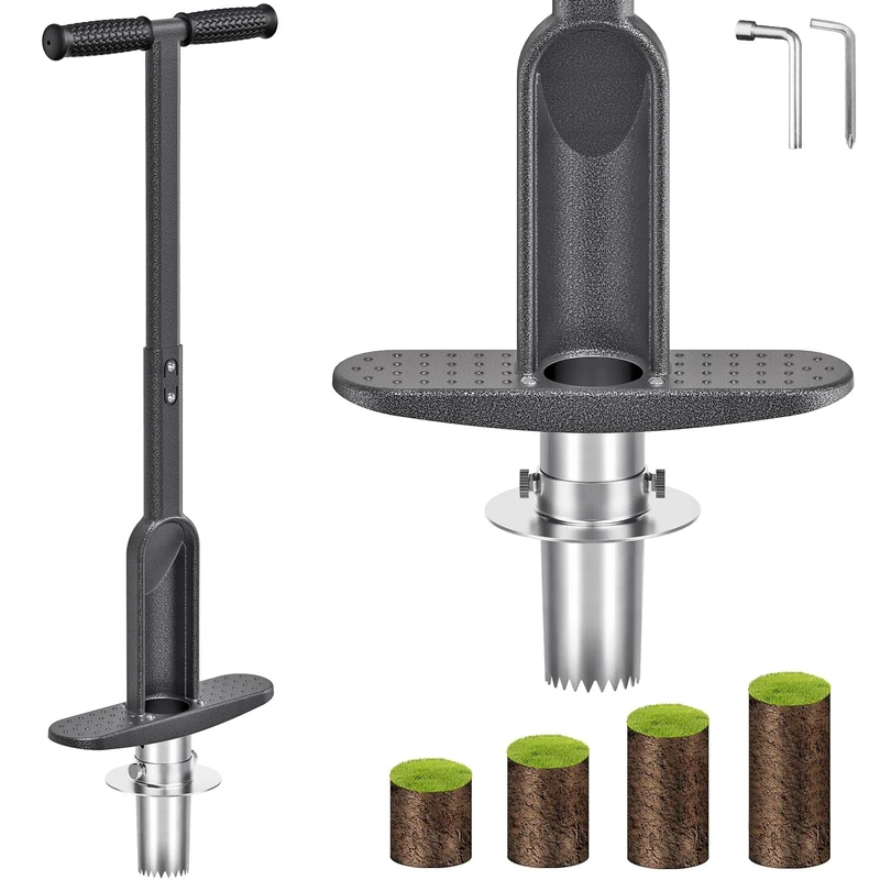 Dolibest Bulb Planter, 90cm Long Handled Bulb Transplanter Lawn Flower Planting Multitool 7.6-15cm Depth Sharp Serration Potato Tulip Daffodil Garden Tool with Centre Auto Dump for Soil Sampler