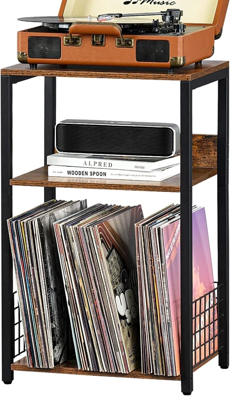 LELELINKY 3-Tier Vinyl Record Stand, Vintage Vinyl Shelf Side Table, Record Player Table with Storage Space for up to 100 Albums, Record Shelf Holder for Living Room and Office (Brown)