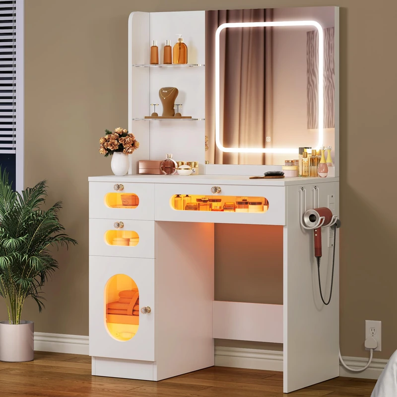 YITAHOME Dressing Table, Small Dressing Tables with Mirror White Dressing Table with LED Lights Makeup Vanity Desk 3-Color Lighting Modes Vanity Table with Drawers,Power Outlet Makeup Desk for Bedroom