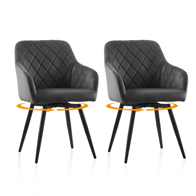 TUKAILAi Dining Chairs Set of 2 Grey Velvet Swivel Thickened Upholstered Desk Chair with Arms and Metal Legs for Home Office Living Room Kitchen Bedroom Vanity
