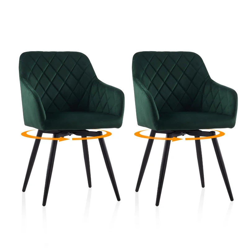 TUKAILAi Dining Chairs Set of 2, Green Velvet Upholstered Swivel Kitchen Accent Chairs with Arms and Metal Legs, Bedroom Vanity Desk Chair No Wheels for Home Office Living Room