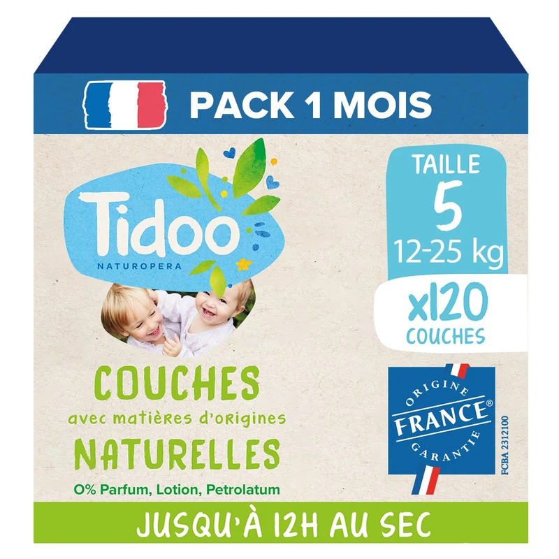 Tidoo - Nappies Size 5 12-25 kg - Environmentally Friendly and Sustainable Baby Diapers - Disposable Care with Natural Composition - Environmentally Friendly and Sensitive Skin - Pack of 3 x 40 Items