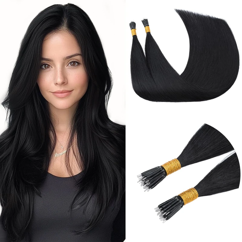TESS Real Hair Extensions Nano Virgin Remy Human Hair Black Nano Ring Beads Tip Included 50 Strands 50g Cold Fusion Long Hair - #01 Jet Black - 22 Inch