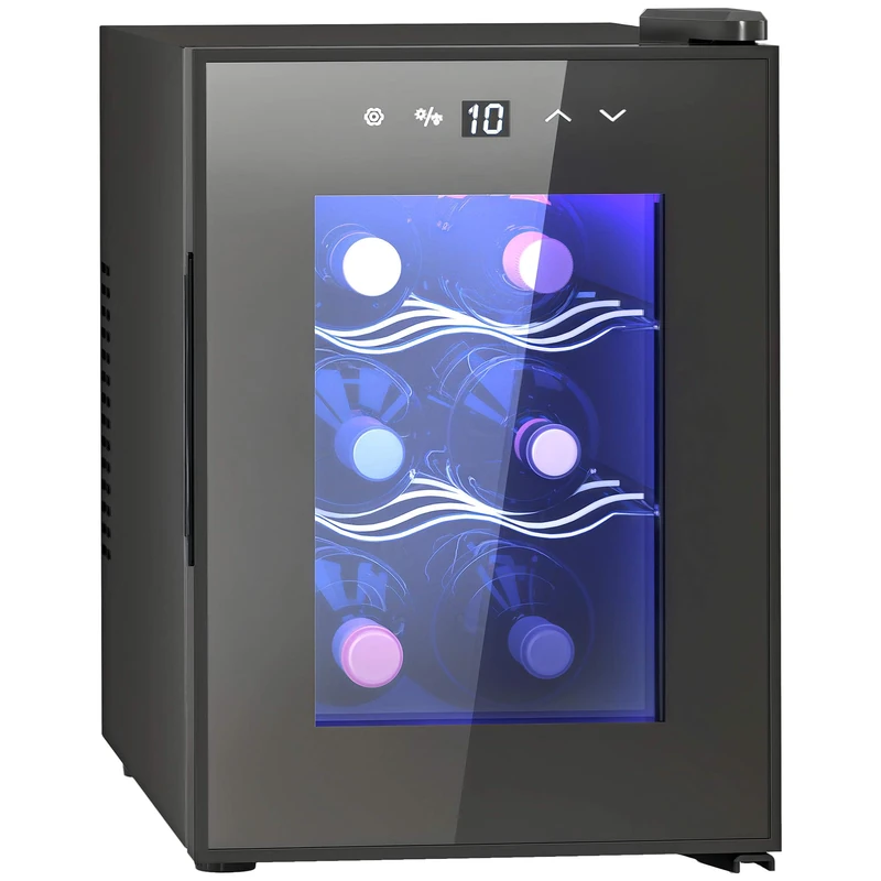 HOMCOM Mini Table Top Wine Fridge, 6 Bottle, 17L, 8-18℃, 26.5cm Quiet Under Counter Wine Cooler Fridge with Glass Door, LED Light, Digital Touch Screen, Temperature Control