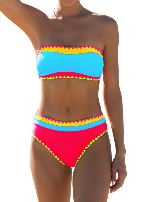 popvil Women's Strapless Bikini Sets Neon Color Block Bandeau Swimsuits Two Piece Bathing Suits for Beach Vacation 2025, Blue, Large