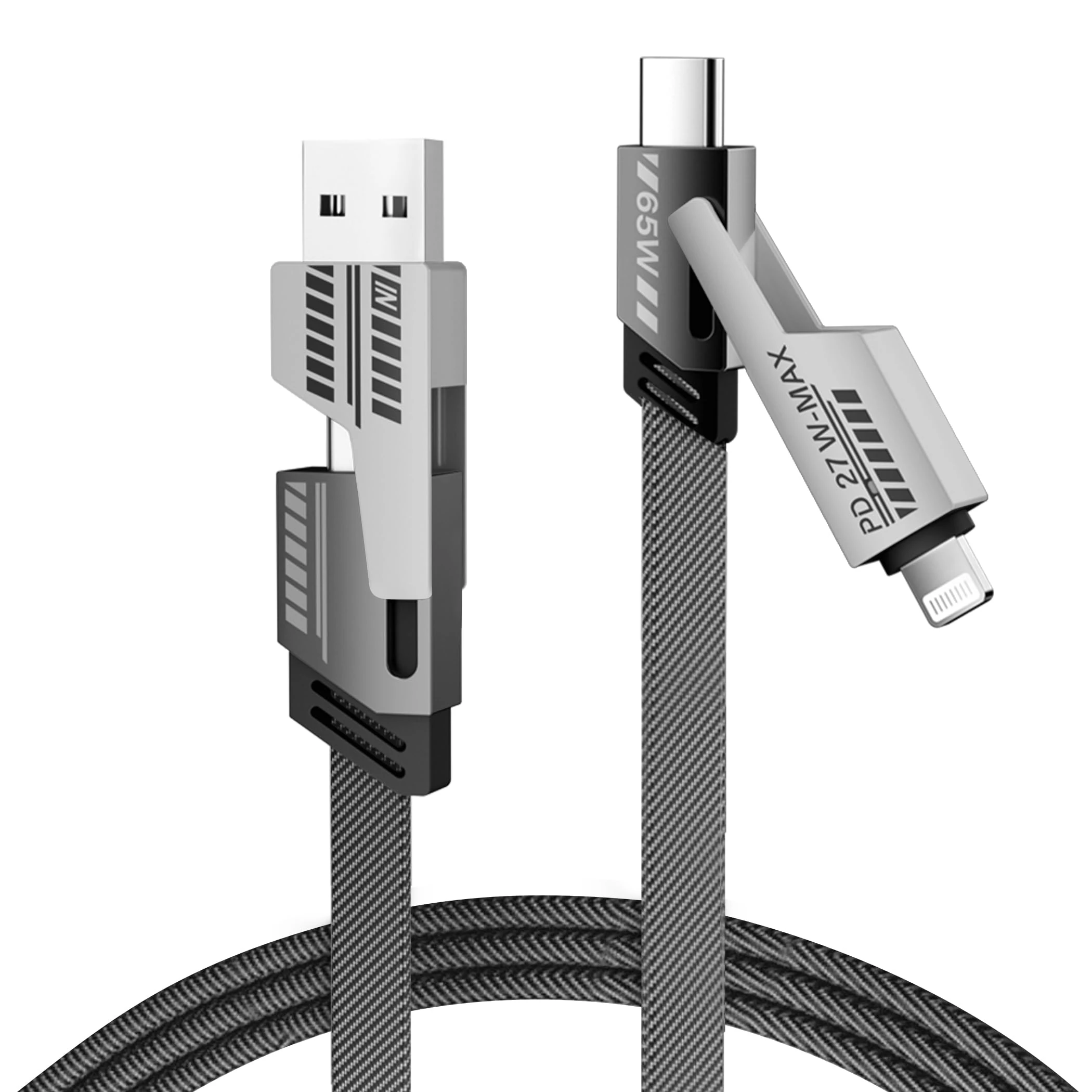 Multi Charger Cable 4 in 1 Fast Charging | 65W, 3A Multi Charger Cable with USB C/USB A to Light'ning, USB C/USB A to USB C | 3FT Nylon Braided for iPhone 17-12 Pro Max, MacBook, Samsung, iPad, Silver