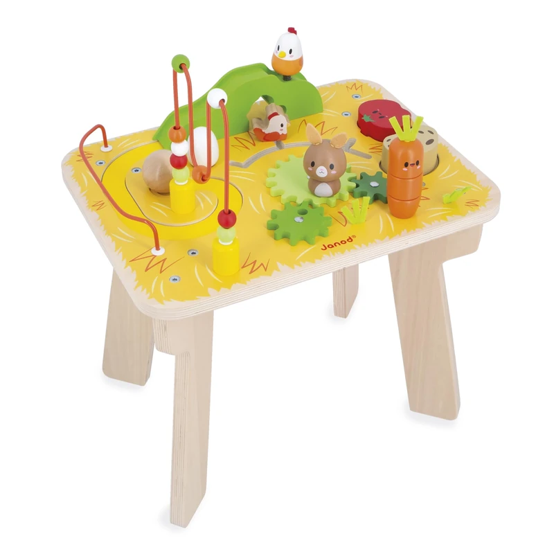 Janod - Wooden Activity Table Farm Theme - 8 Activities for Children - Table Height 32cm - Developmental Toys - Fine Motor Skills - FSC Wooden Table - From 12 months, J03321