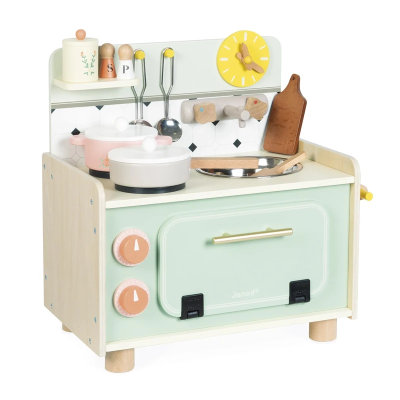 Janod - Wooden Kids Kitchenette - Compact Play Kitchen for Children - Equipped with Oven, Sink, and 10 Included Accessories - Rotating Sound Buttons - Pretend Play and Early Learning Toy - 2 Years+