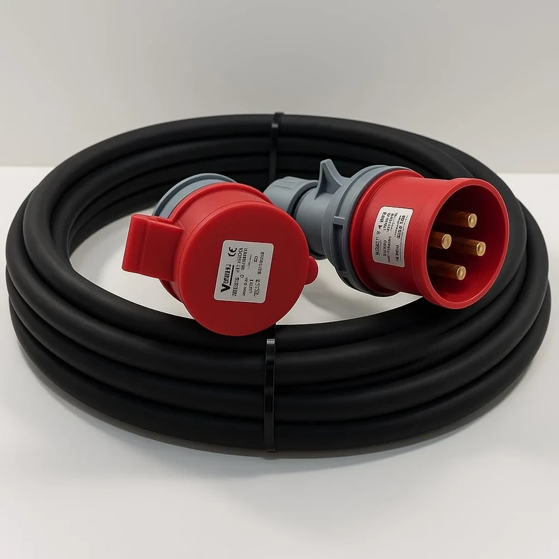 3 Phase 16A 4 Pin 415V IP44 Extension Lead 10m – IEC 60309 3P+E Red – H07RN-F Heavy Duty Rubber Cable – PAT Tested With Certificate (10 Metre)