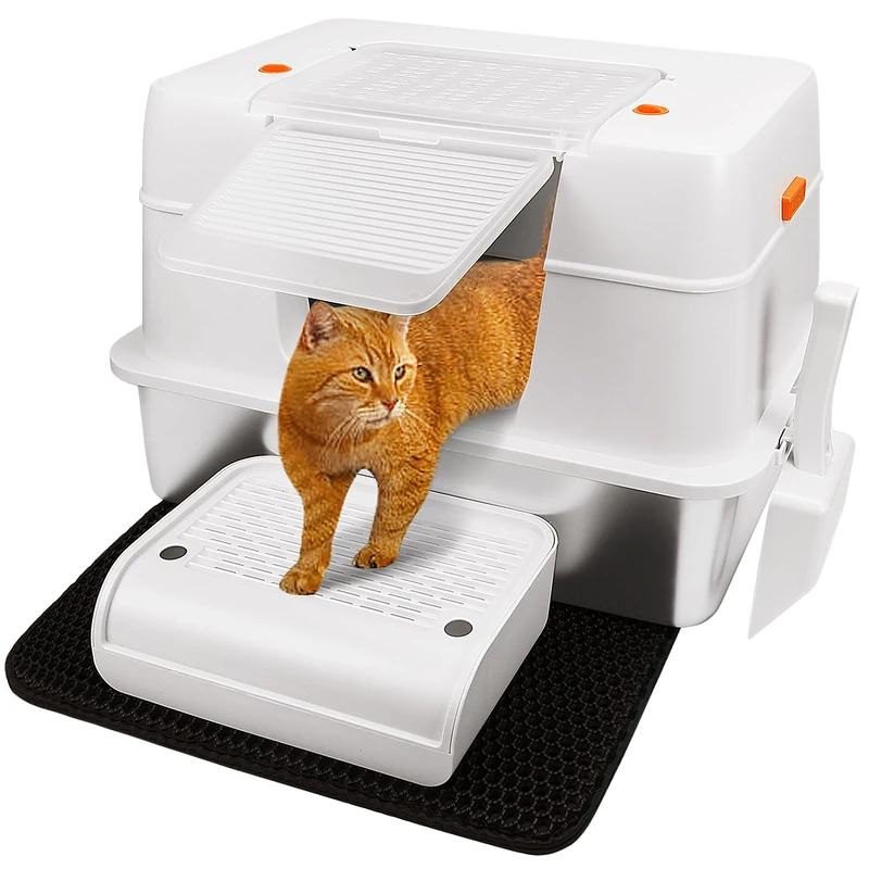 Vivifying Stainless Steel Litter Box, XL Enclosed Cat Litter Box with High-Sided Lid (Beige)