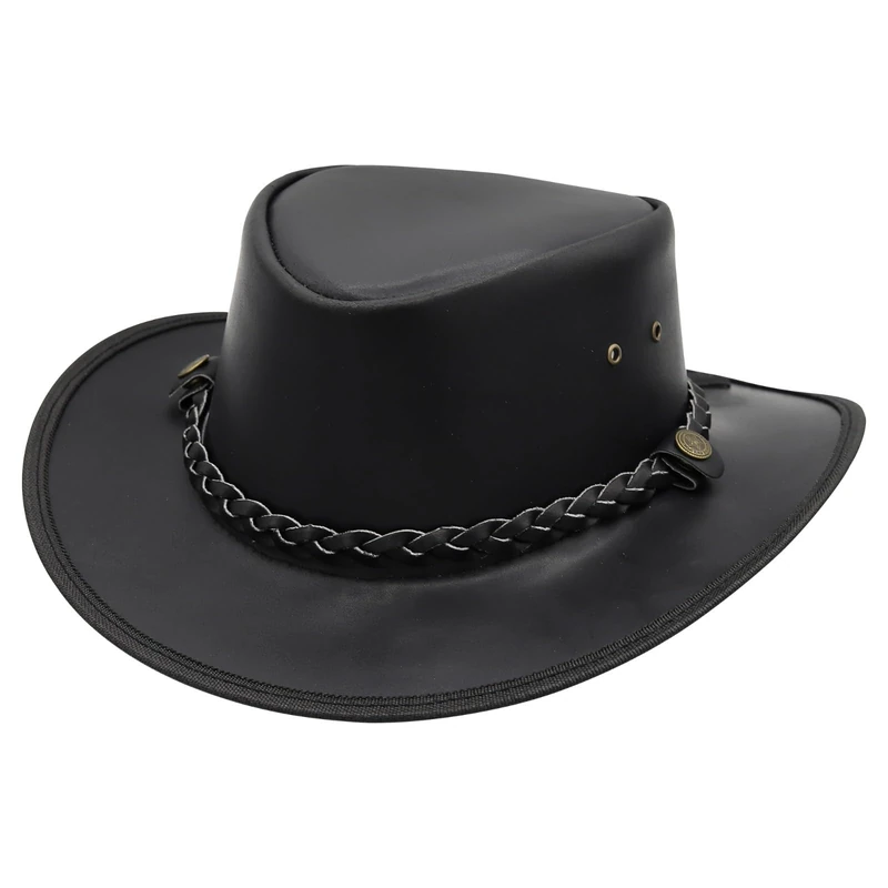SideWinder Austrailian Genuine Leather Western Style Cowboy Hat Wide Brim Real Water Resistant Outback Vintage, Black, XXL