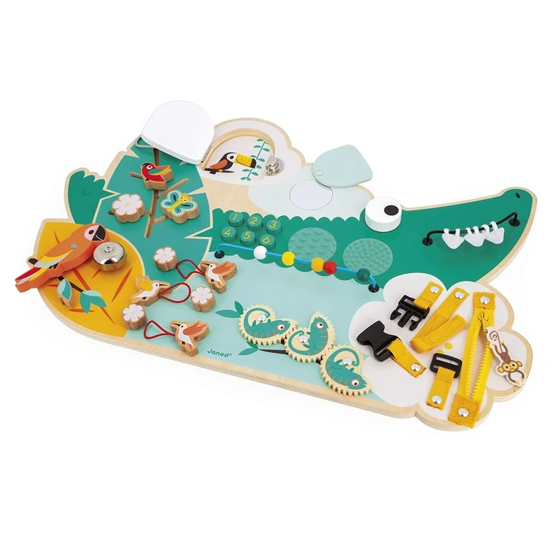 Janod - Busy Board Croco - Activity Board - Jungle Animals Theme - 14 Activities - Childrens Toy for Boys & Girls - Fine Motor Skills - FSCTM Wooden Toy - From 18 Months - J08280
