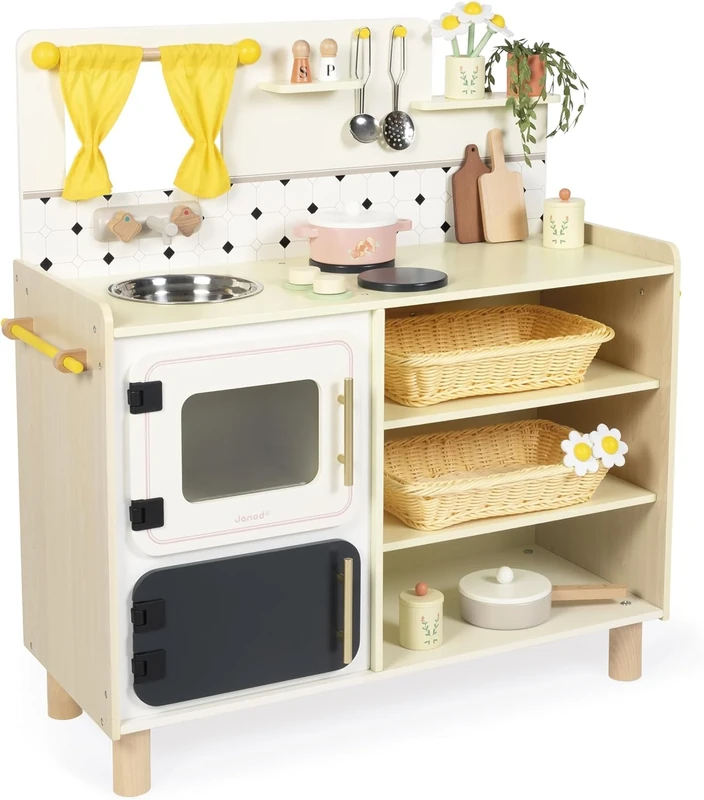 Janod - Large Wooden Children's Kitchen - Equipped with 2 Ovens, Sink and 16 Accessories Included - Rotating Sound Buttons - Imitation and Early Learning Toy - From 2 years, J06642