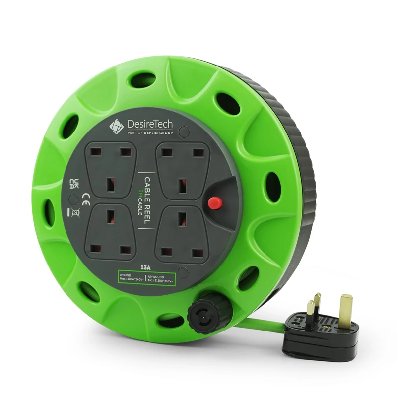 Desiretech - 4 Socket Extension Lead - 5m Portable Cable Reel - Thermal Cut Out, Ergonomic Handle, Green/Black - Heavy Duty Extension Cord for Indoor Use (5 Metre)
