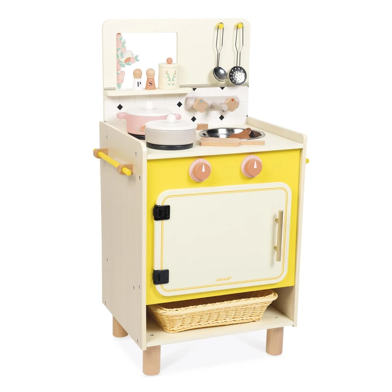 Janod - Wooden Children's Kitchen - Equipped with Oven, Sink and 11 Accessories Included - Rotating Sound Buttons - Imitation and Early Learning Toy - From 2 years, J06641, Yellow