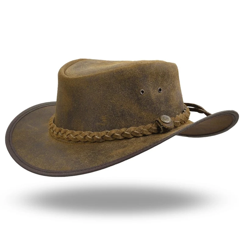 SideWinder Austrailian Genuine Leather Western Style Cowboy Hat Wide Brim Real Water Resistant Outback Vintage, Tan, XXL
