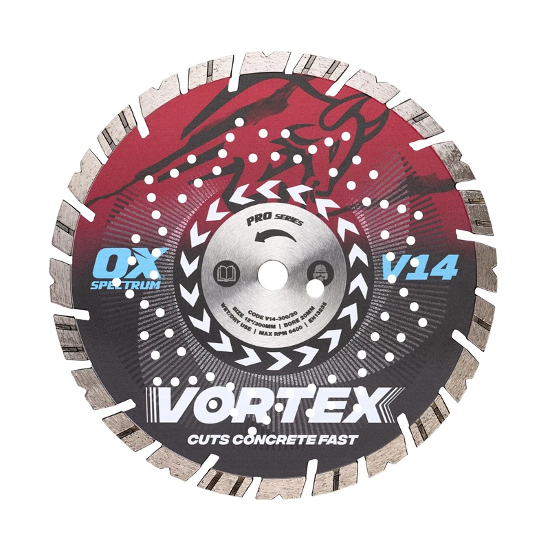 OX Pro V14 Diamond Blade for Concrete - 300mm/20mm, Turbo V Tooth for Fast Cutting and Long Life, Cuts Kerbs & Slabs, Concrete Paviors, Roof Tiles, Bricks, General Building Materials