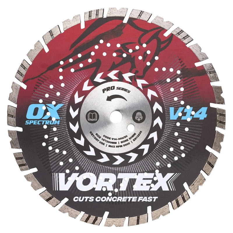 OX Pro V14 Diamond Blade for Concrete - 350mm/22.23mm, Turbo V Tooth for Fast Cutting and Long Life, Cuts Kerbs & Slabs, Concrete Paviors, Roof Tiles, Bricks, General Building Materials