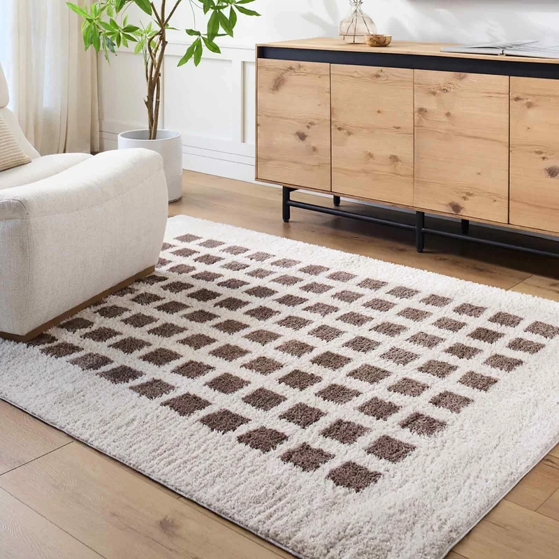 Livabliss Kisumu Shaggy Rug - Modern Berber Rugs Living Room, Large 160x213 cm, Soft Shaggy Rugs for Bedroom - Neutral Boho Fluffy Rug, Easy Care Plush Thick Pile - Light Beige, Dark Brown