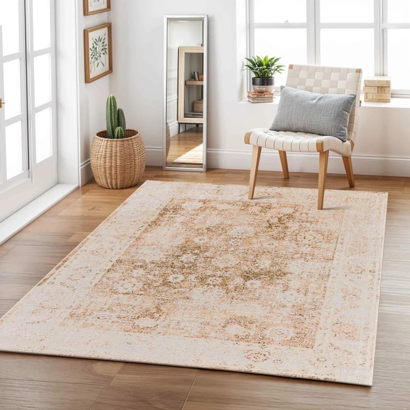 Livabliss Masafi Machine Washable Floor Mat – Vintage Boho Design for Living Room 200x275 cm, Dining, Kitchen, Outdoor, Hallway – Light Brown & Dark Brown