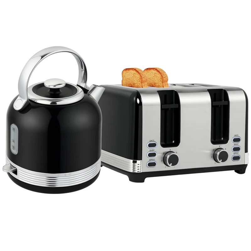 HOMCOM Stainless Steel Kettle and Toaster Set, 1.7L 3000W Cordless Fast Boil Kettle, 4 Slice Toaster Kitchen Set with 7 Level Browning Controls, Defrost, Reheat and Crumb Tray, Black