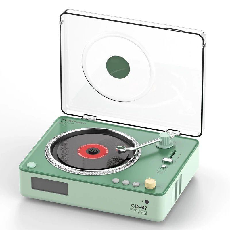 CD Player with Stereo Speakers, Retro Portable CD Players for Home, Bluetooth Transmitter,AUX Output, USB Mode and TF Card Support, Headphone Output and Remote Control (Green)