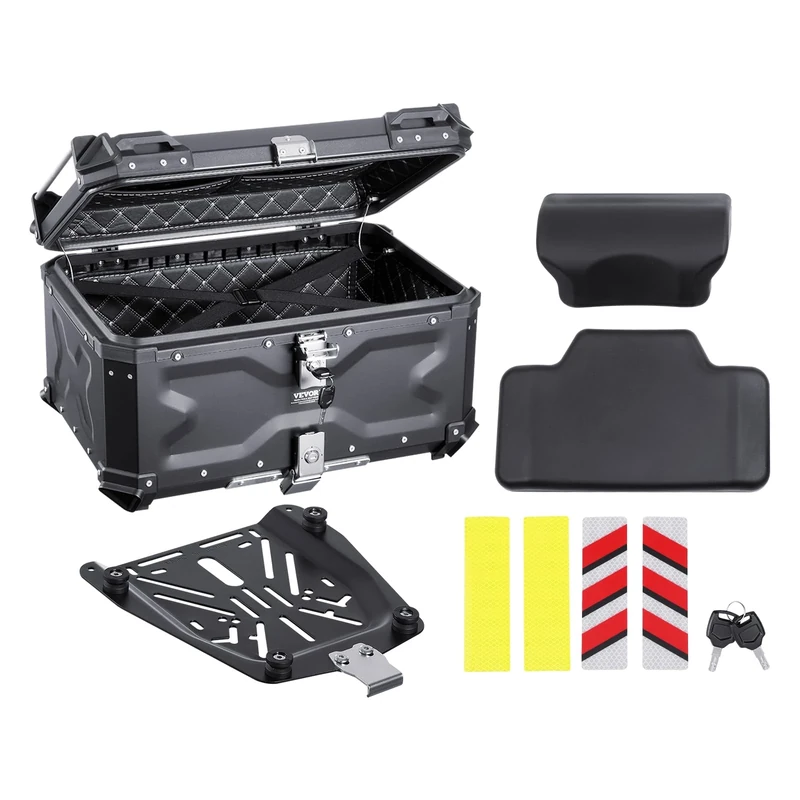 VEVOR Motorcycle Top Case - 65L Universal Aluminum Tail Box with Leather Lining, Waterproof Detachable Box & Lock, Fit for Most Motorcycle Frames