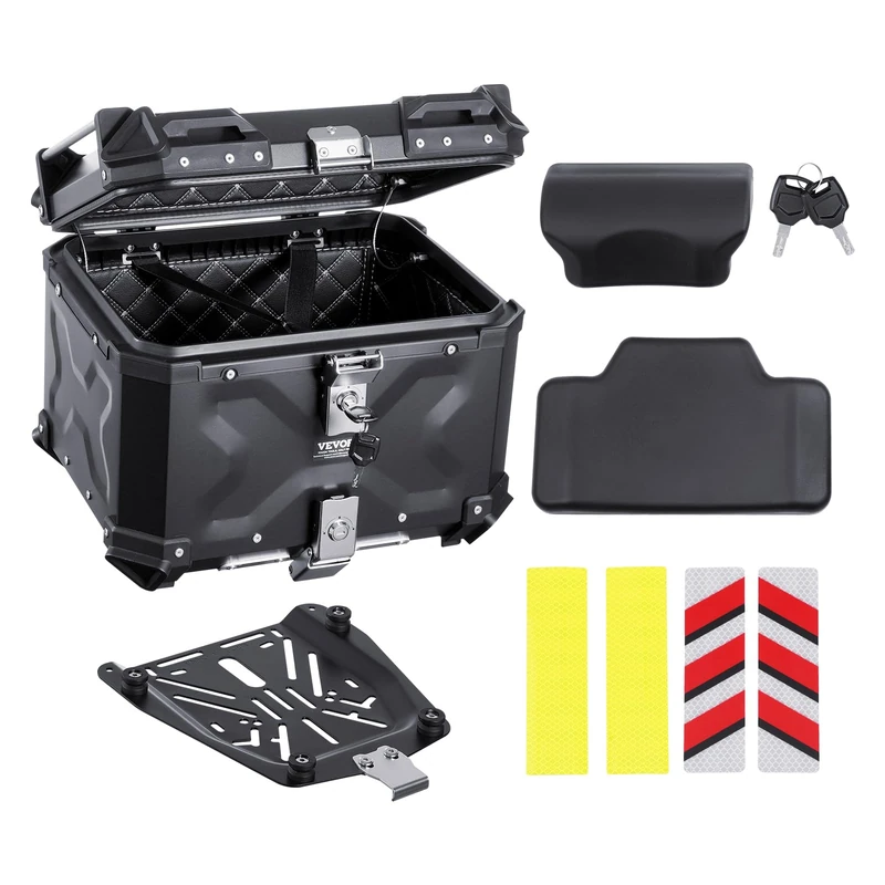 VEVOR Motorcycle Top Case, Universal Aluminum Alloy Motorbike Tail Box with Leather Lining, 45L Waterproof Detachable Motorcycle Top Box with Lock & Back Cushion, Fit for 99% of Motor Frames