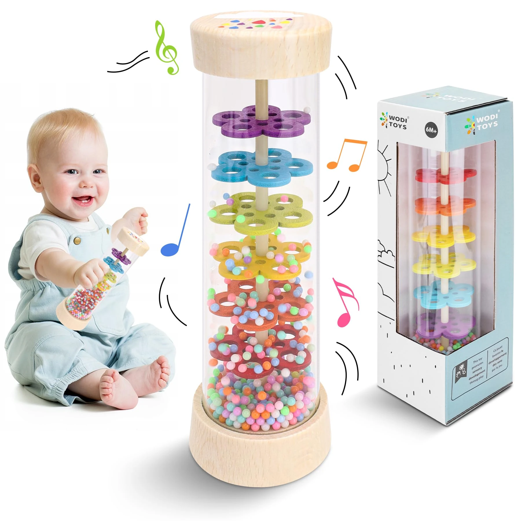 Wooden Baby Rattle Toys, Rain Stick Musical Toy Montessori Toys for Babies 6-12 Months, Baby Rattle Sensory Hand Grip Developmental Toy, Musical Instruments Toys for 1+ Year Old Toddlers