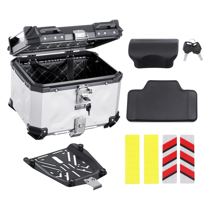 VEVOR Aluminum Alloy Motorbike Tail Box, 45L Waterproof Detachable Motorcycle Top Case with Lock & Back Cushion, Universal Fit for 99% of Motorcycle Frames