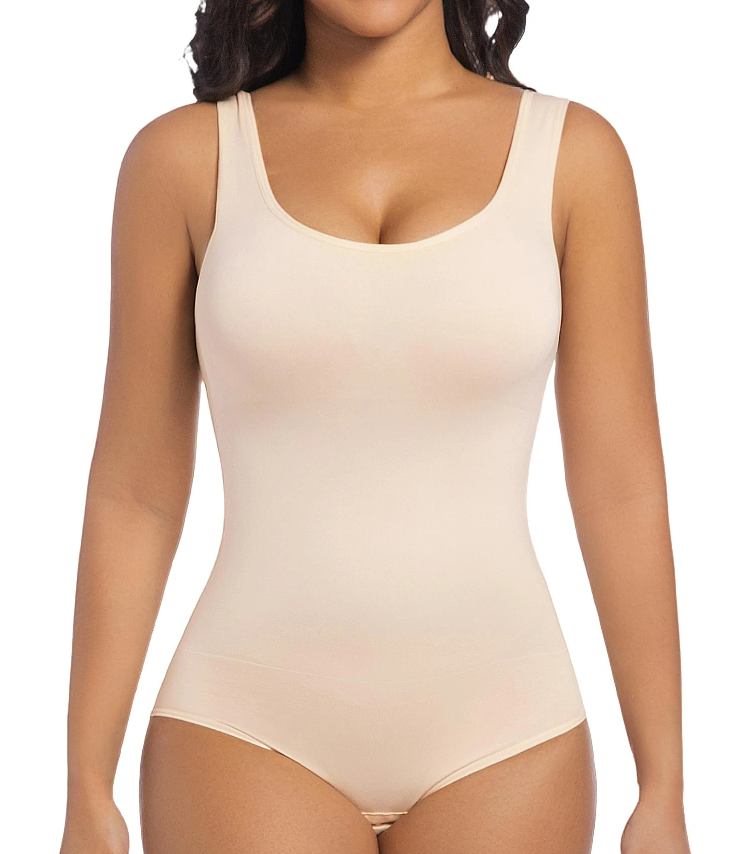 ONEW Shapewear Bodysuit Seamless Round Neck Tank Tops Tummy Control Full Body Shaper Waist Trainer Vest Beige M