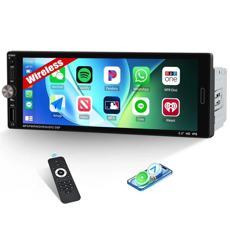 CAMECHO Single Din Car Stereo Bluetooth with Apple CarPlay Android Auto, 6.9 Inch HD IPS Touch Screen Radio Mirror Link DVR FM Radio USB/Type-C/TF Card DSP SWC Remote Control