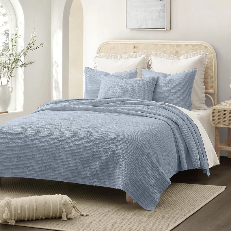 Wonderful Blue Quilt King Size, Cotton Linen Quilt Set Cotton Filling, 3 Piece Pre-Washed Flaxen Striped Bedspread Coverlet, Wave Stitched Linen Blend Flax Colth Quilted Bedding Set for All Season