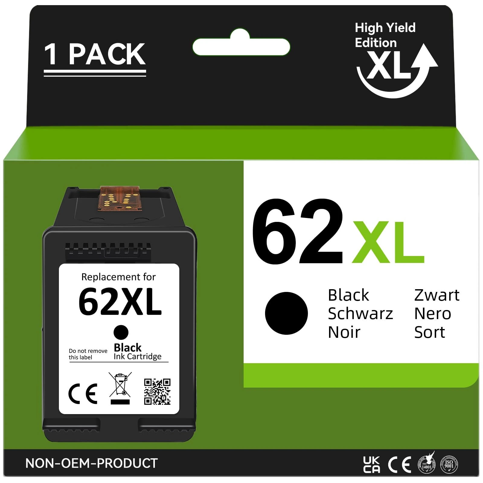 62XL Black Ink Cartridge (1-Pack) - High Yield Replacement for HP Envy 5540 5640 7640 & OfficeJet 5740 200 250 - Compatible with HP 62 XL Printer Cartridges - 660 Page Yield