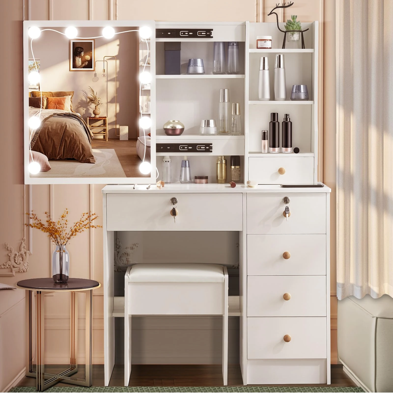 Dradaomull Dressing Table with Lighting, Dressing Table with Mirror, Dressing Table, Vanity Desk for Make-Up, 3 Colours with Adjustable Brightness, 131 x 80 x 36 cm (M06)